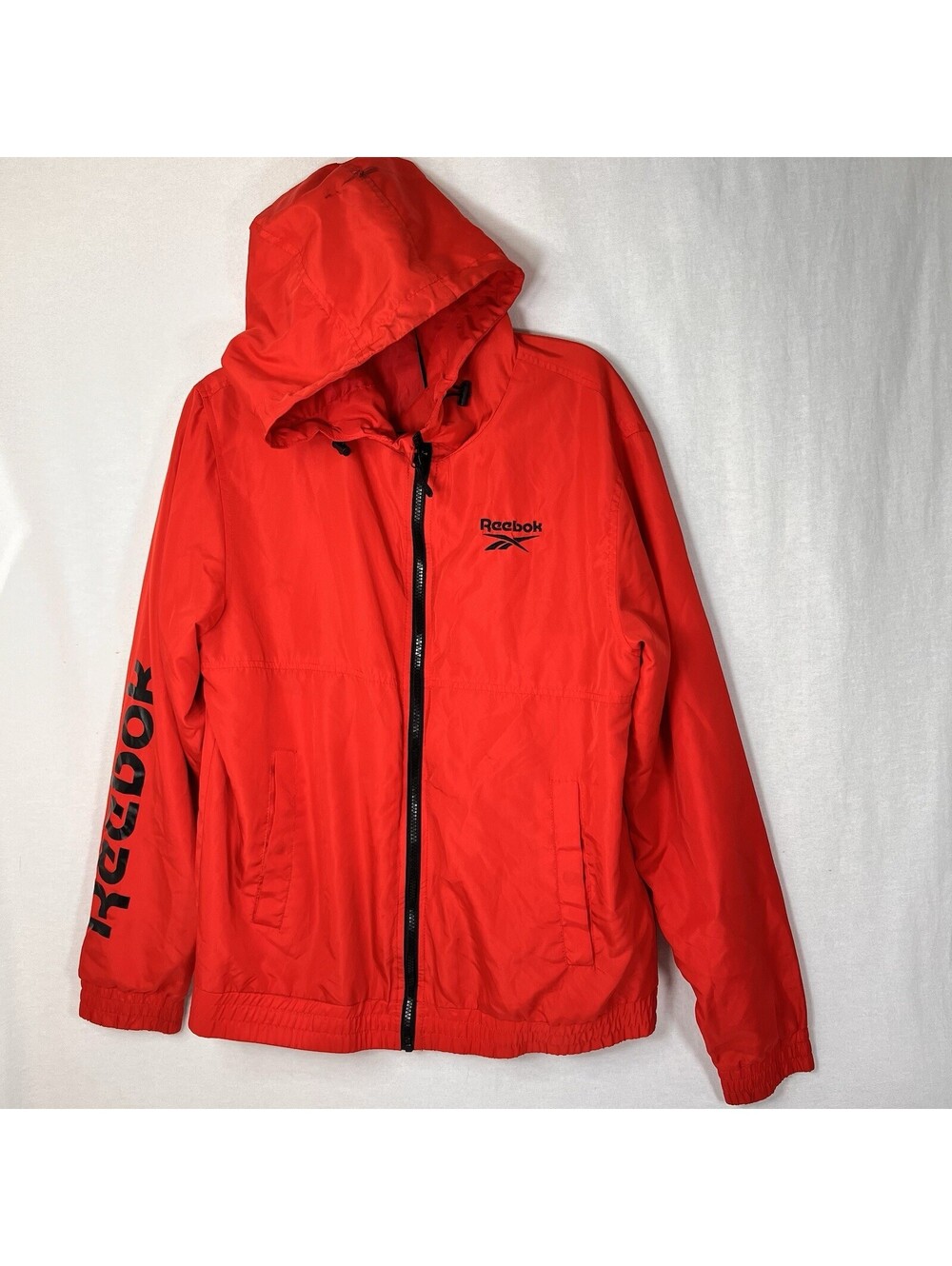 Reebok Mens Red Full Zip Hooded Windbreaker Jacket XL RN127805 Logo Sleeve